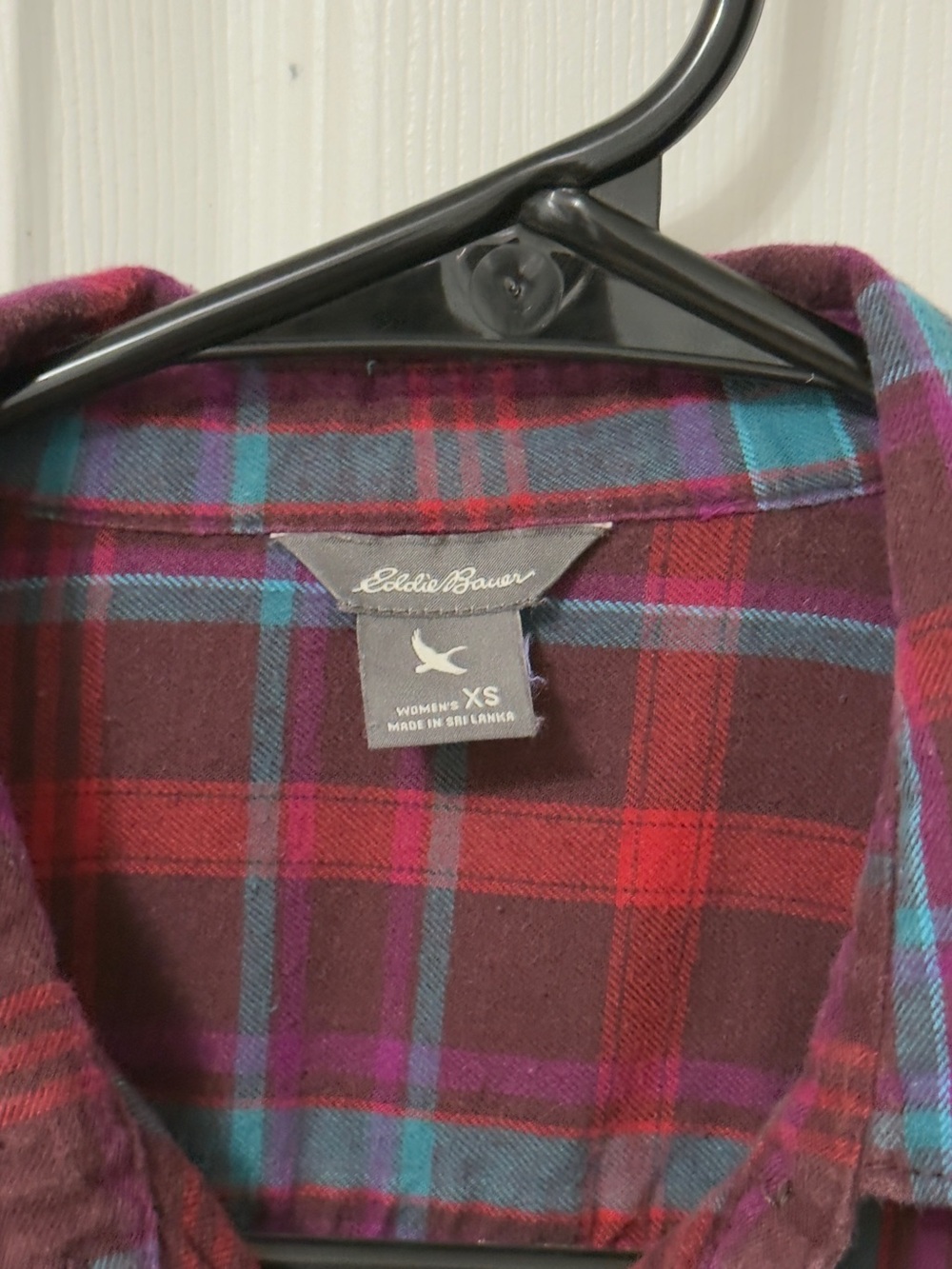 Eddie Bauer Burgundy, Red & Teal Plaid Button Shirt - Picture 3 of 6